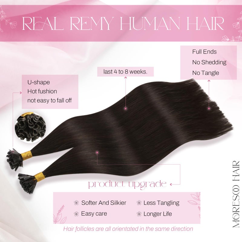 Moresoo U Tip Hair Extensions Human Hair Darkest Brown K Tips Hair Extensions Dark Brown Straight Keratin Extensions Human Hair Fit Any Occasion 50G /50S 16 Inch - Image 2